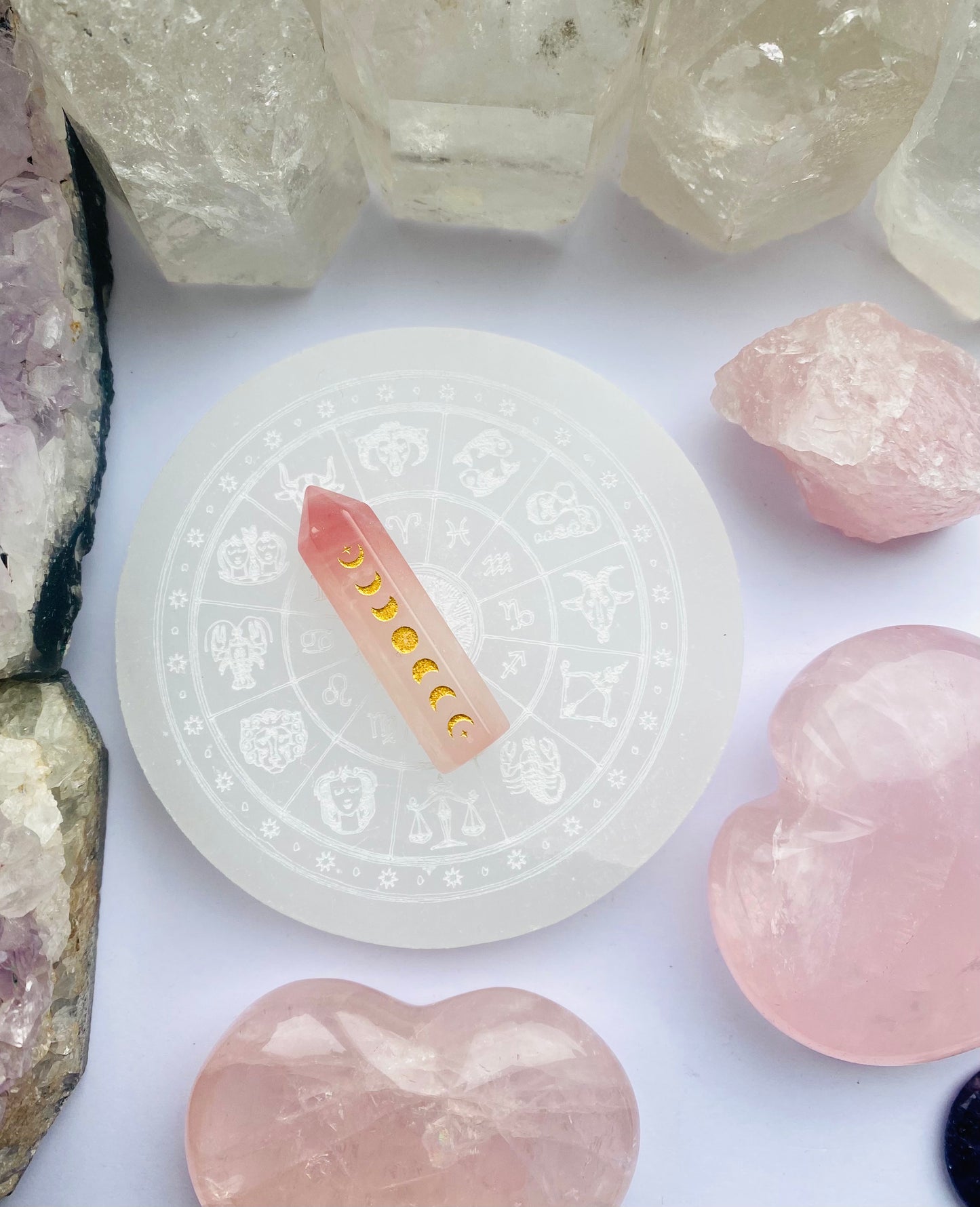 Rose Quartz Moon Phase Crystal Point “To the Moon and Never Back”
