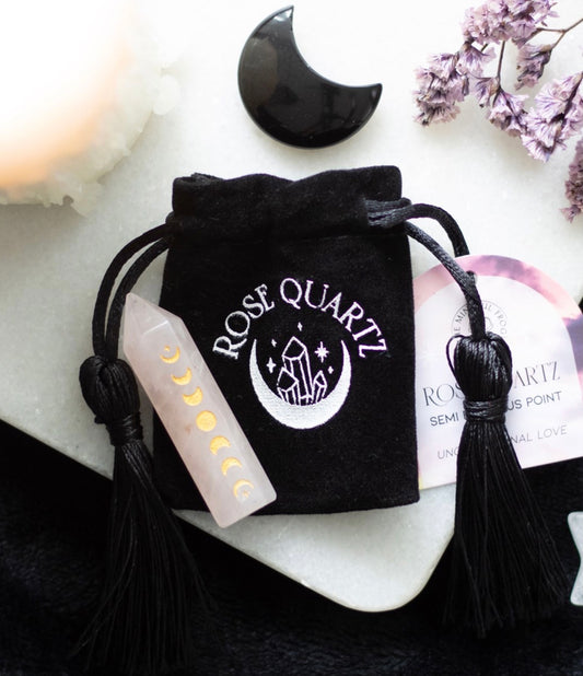 Rose Quartz Moon Phase Crystal Point “To the Moon and Never Back”