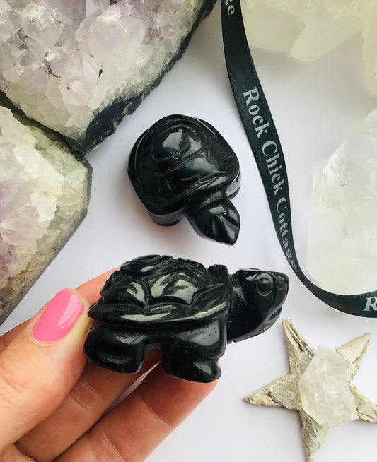 Black Obsidian Crystal Turtle - Hand Carved Black obsidian Turtle