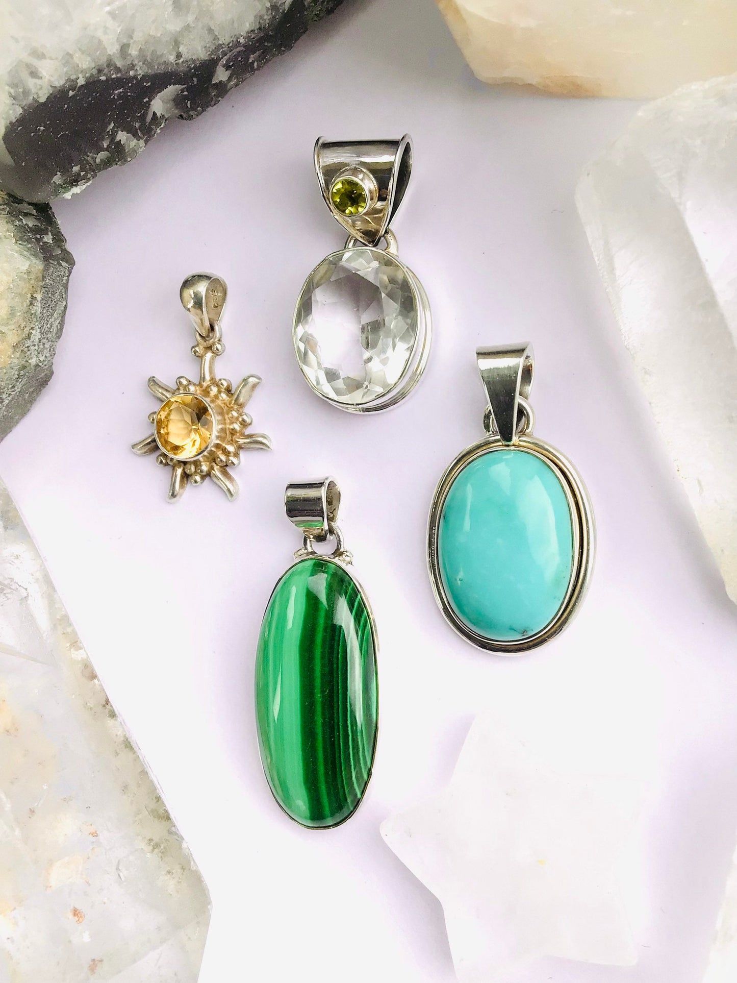 Solid Silver Quartz and Peridot Pendant