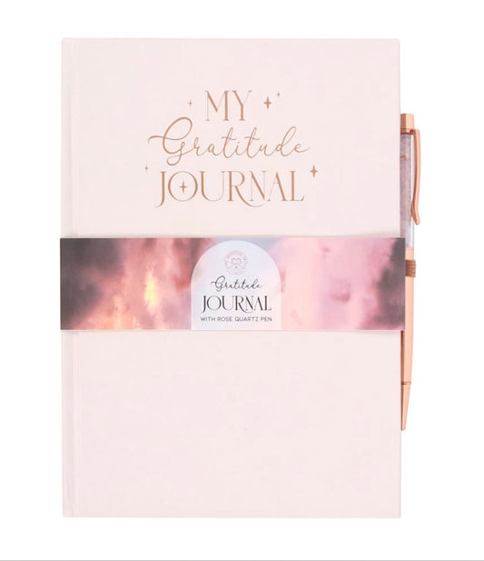 Gratitude Journal and Rose Quartz Crystal Chip Pen Set