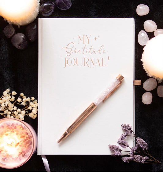 Gratitude Journal and Rose Quartz Crystal Chip Pen Set