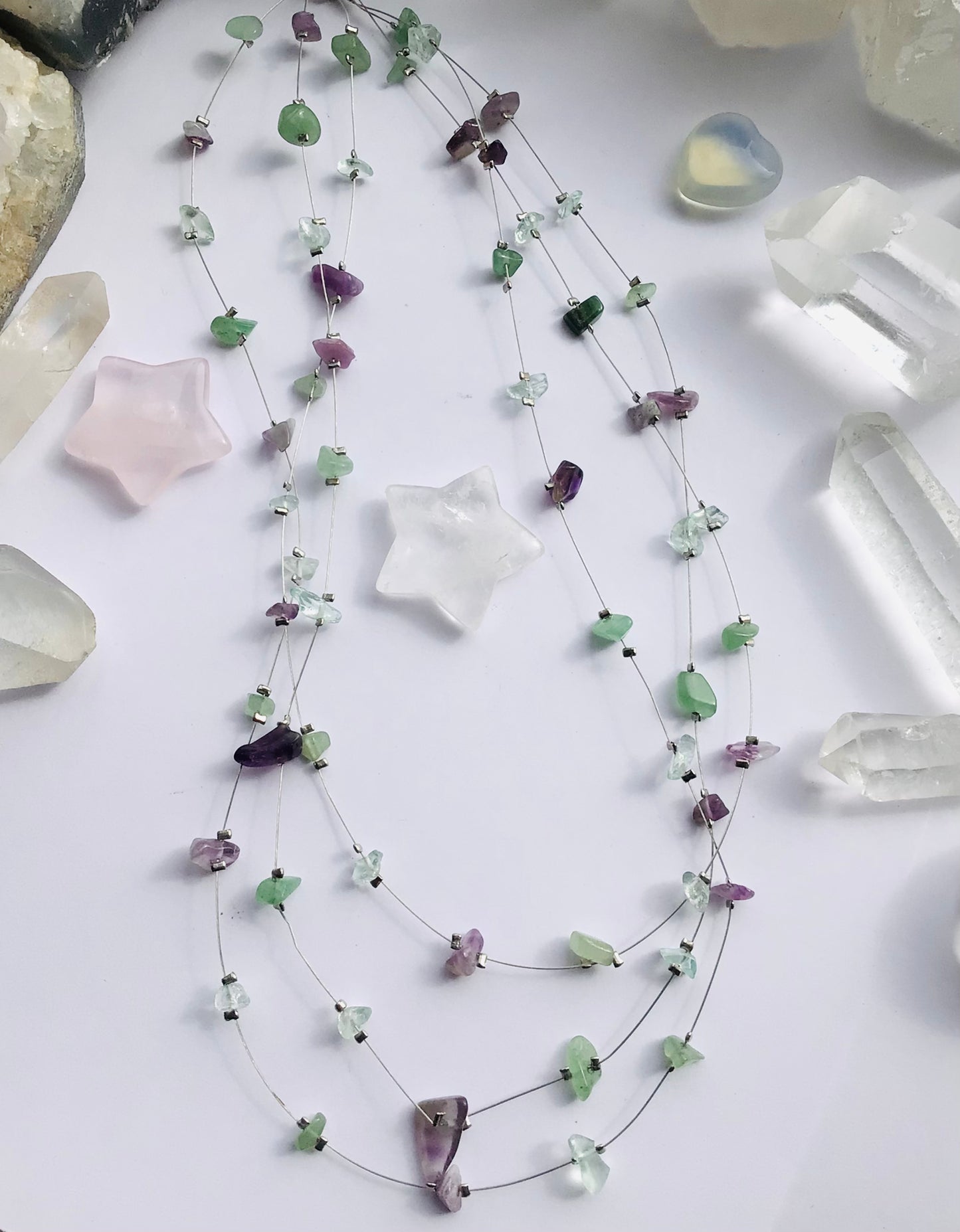 Gemstone Crystal Amethyst, Aventurine & Fluorite Crystal Necklace