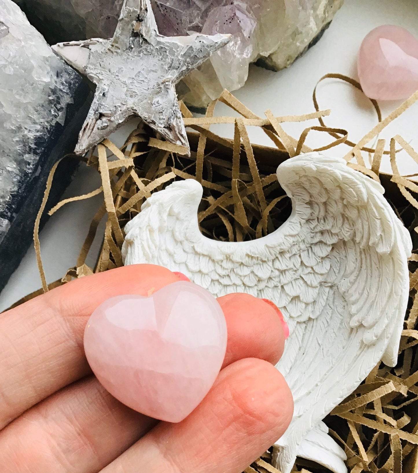 Rose Quartz Heart Crystal & Angel Wings Dish -Carved Crystal Heart - Rose Quartz Heart-Crystals for Love - Angel Wings Trinket Dish - Love