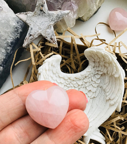 Rose Quartz Heart Crystal & Angel Wings Dish -Carved Crystal Heart - Rose Quartz Heart-Crystals for Love - Angel Wings Trinket Dish - Love