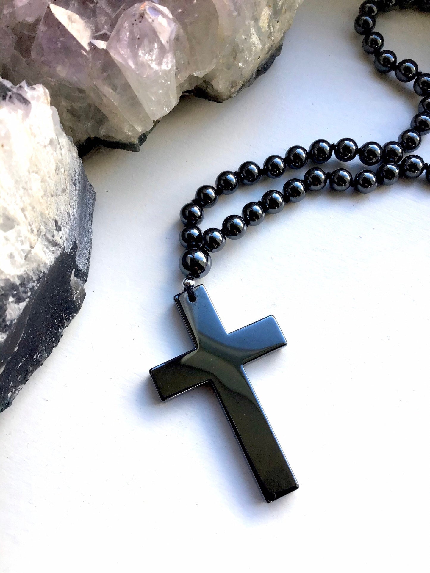 Hematite Bead & Cross Necklace