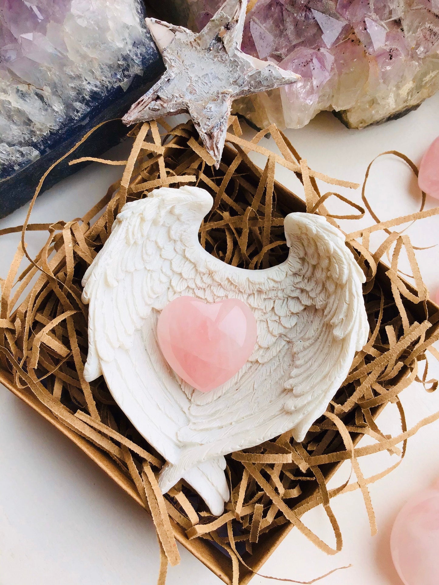 Rose Quartz Heart Crystal & Angel Wings Dish -Carved Crystal Heart - Rose Quartz Heart-Crystals for Love - Angel Wings Trinket Dish - Love