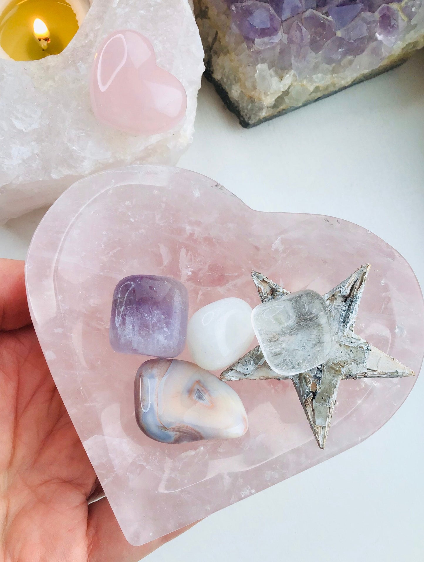 Rose Quartz Bowl Heart Dish - Crystal Heart Trinket Dish - Pink Rose Quartz Bowl  - Rose Quartz Heart Bowl- Crystal Trinket Bowl