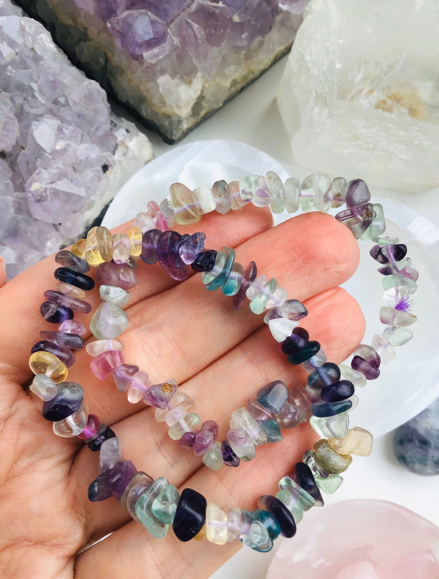 Rainbow Fluorite Bracelet- Rainbow Fluorite Crystal Chip Bracelet