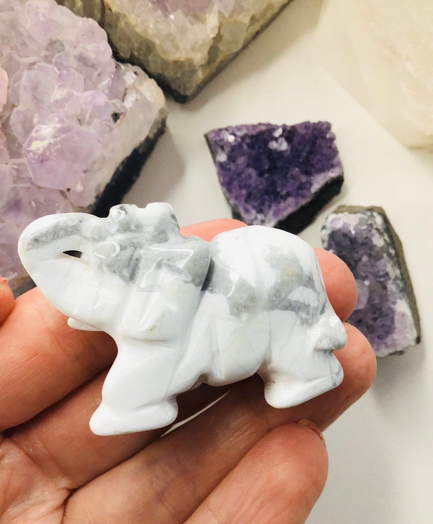 White Howlite Crystal Elephant- Hand Carved Lucky Crystal Elephant