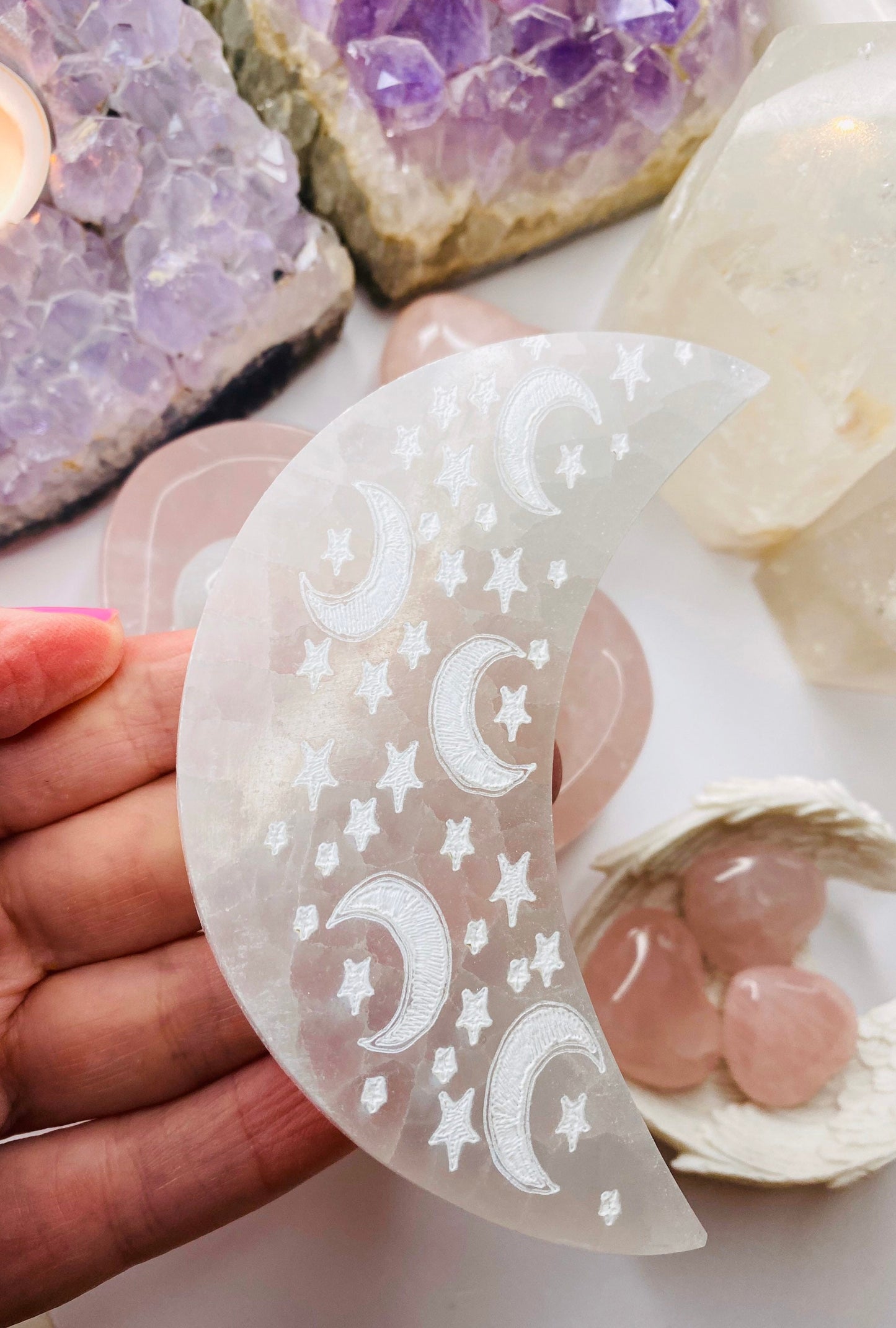 Selenite Moon Cleansing Plate Large - Selenite Charging Plate Crescent Moon Charging Plate - Selenite Crystal Charging Plate