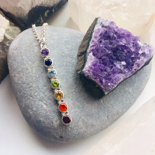 Gemstone Chakra Solid Silver Pendant - Chakra Crystal Gemstone Balancing Necklace