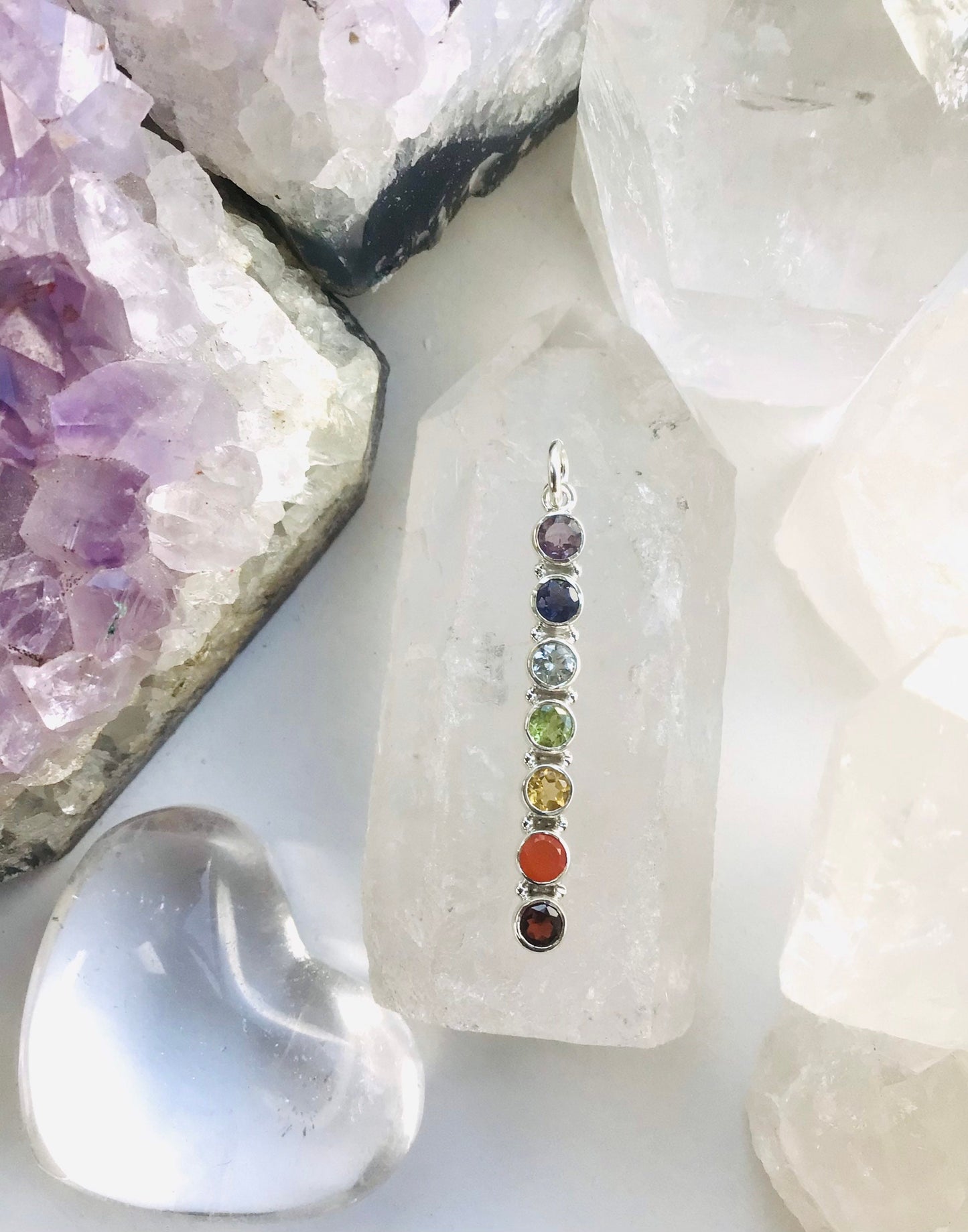 Gemstone Chakra Solid Silver Pendant - Chakra Crystal Gemstone Balancing Necklace