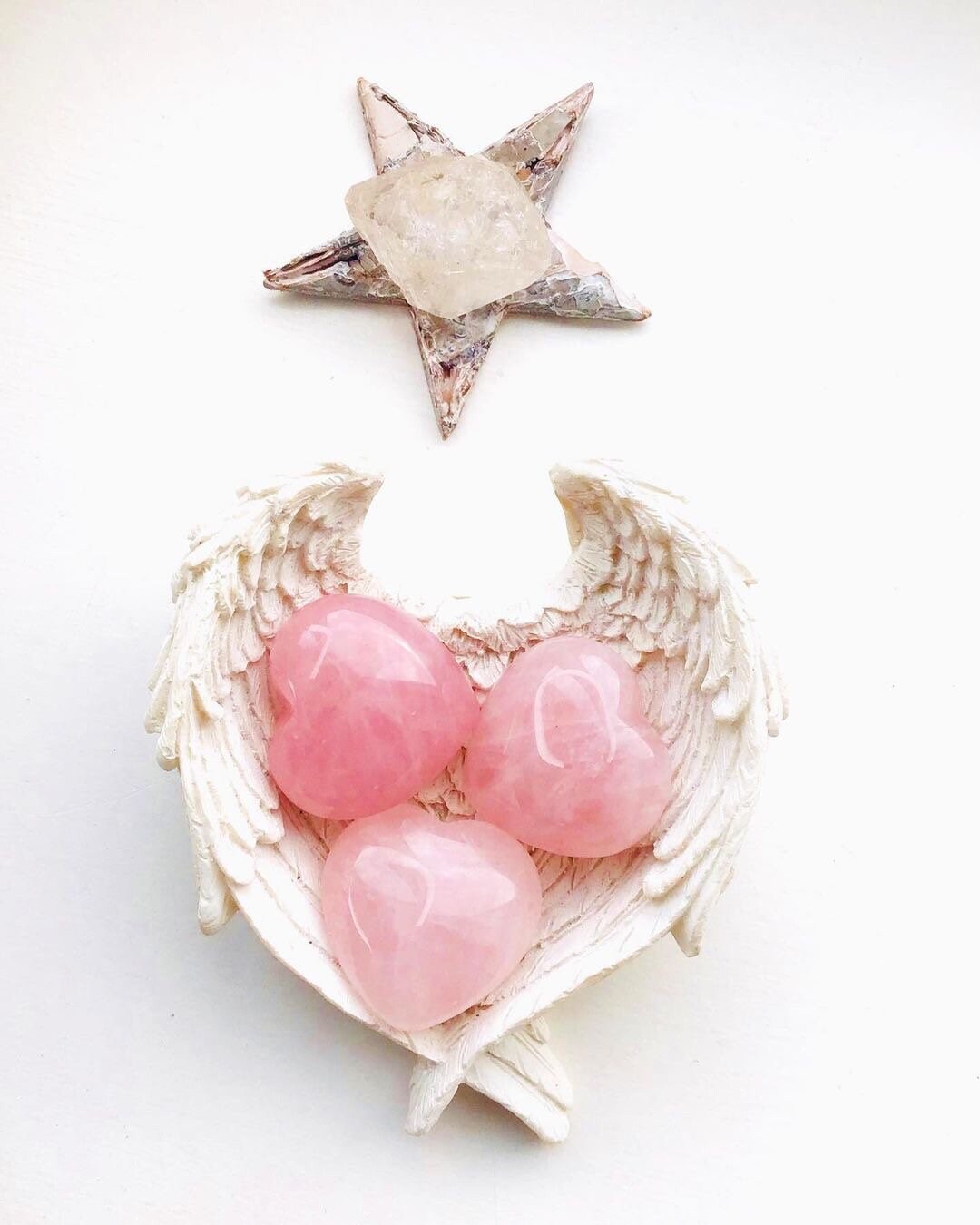 Rose Quartz Heart Crystal & Angel Wings Dish -Carved Crystal Heart - Rose Quartz Heart-Crystals for Love - Angel Wings Trinket Dish - Love