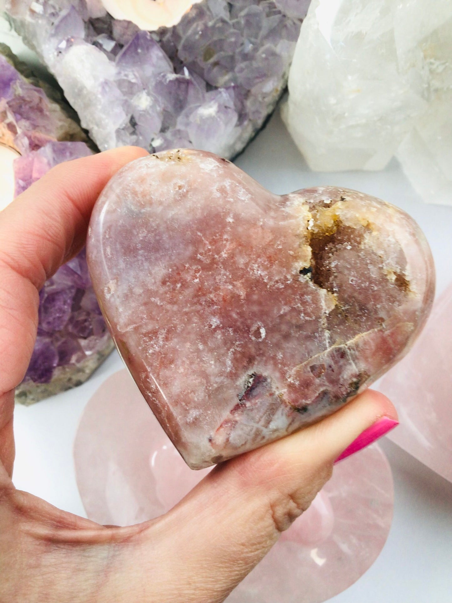 Pink Amethyst Heart Crystal Hand Carved Rare Crystal Heart