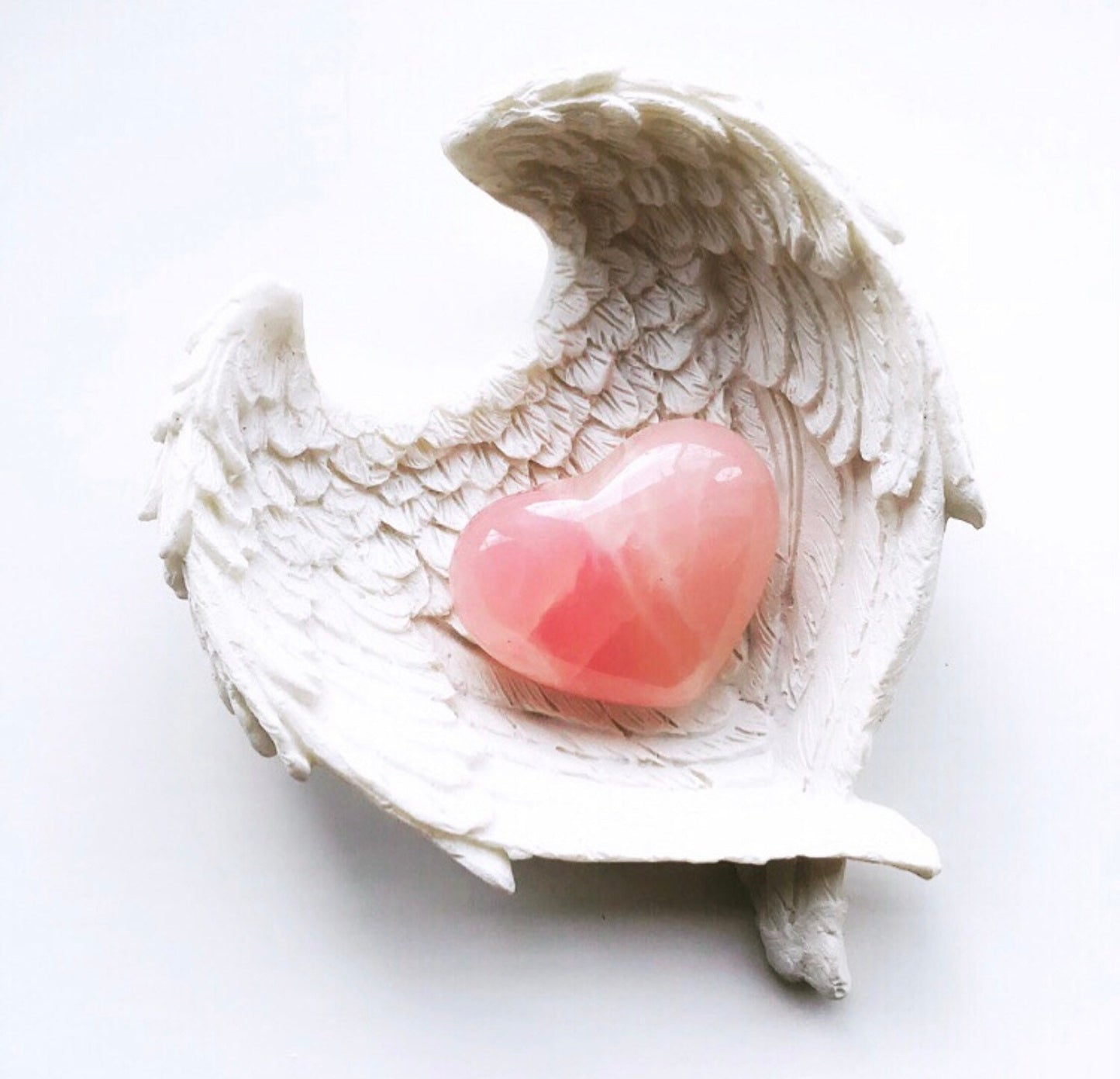 Rose Quartz Heart Crystal & Angel Wings Dish -Carved Crystal Heart - Rose Quartz Heart-Crystals for Love - Angel Wings Trinket Dish - Love