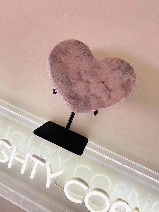 Pink Amethyst Heart on Stand- Pink Amethyst Druzy Heart