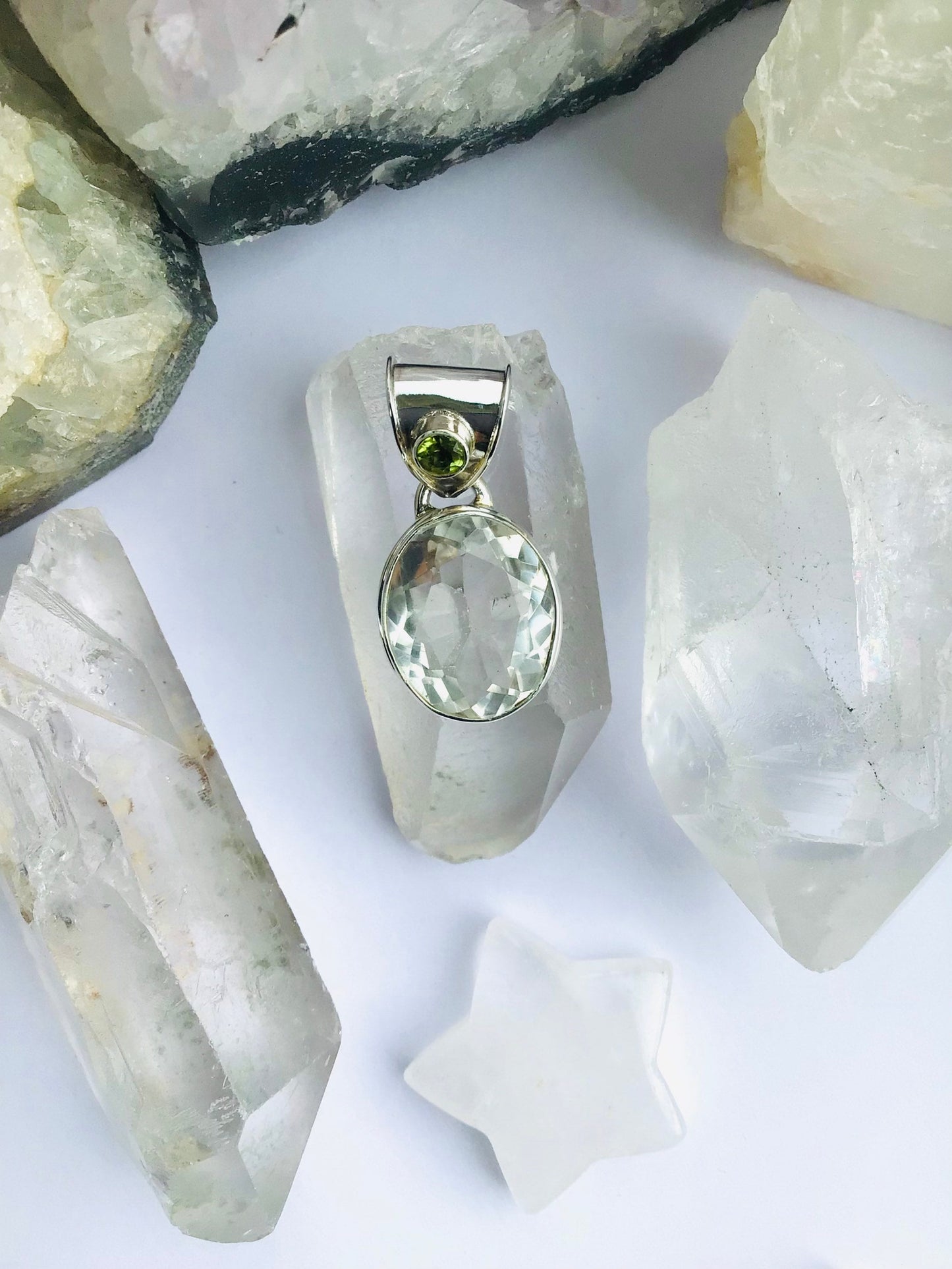 Solid Silver Quartz and Peridot Pendant