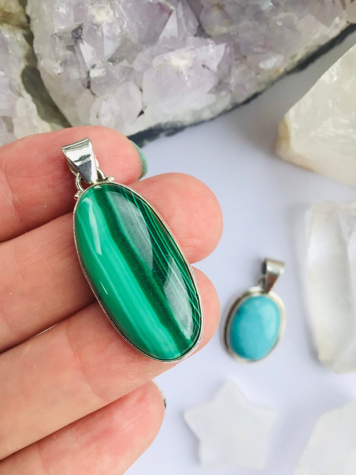 Malachite Solid 925 Silver Crystal Pendant