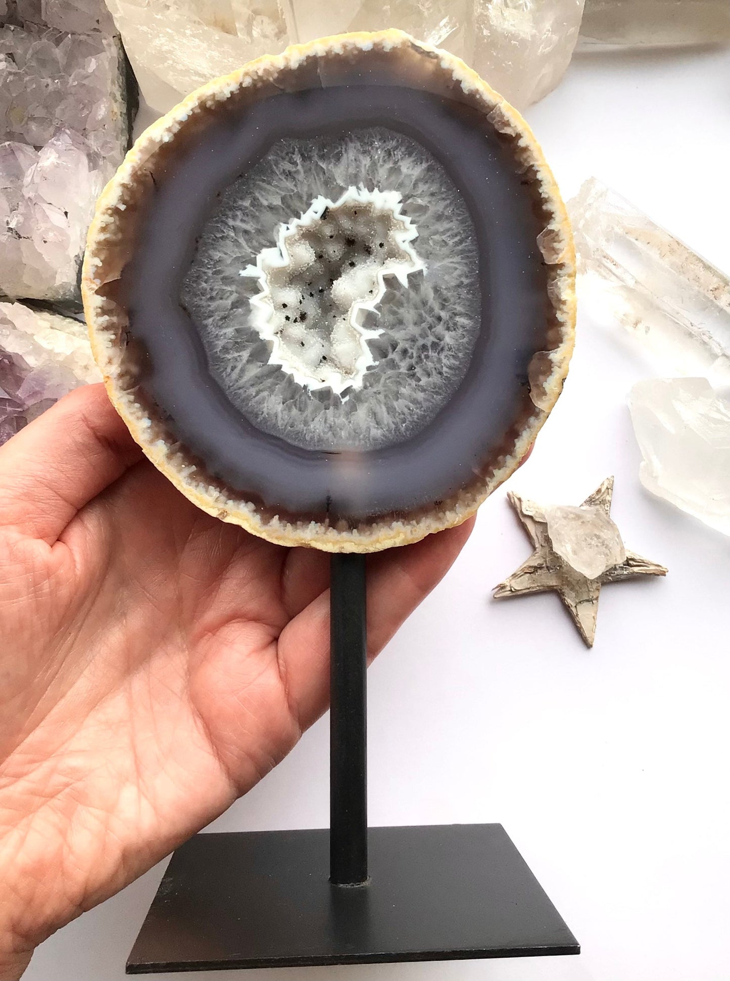 Druzy Agate Geode Crystal on Metal Stand Large - Display Home Decor Crystal