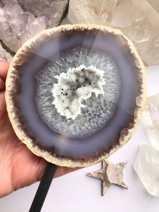 Druzy Agate Geode Crystal on Metal Stand Large - Display Home Decor Crystal