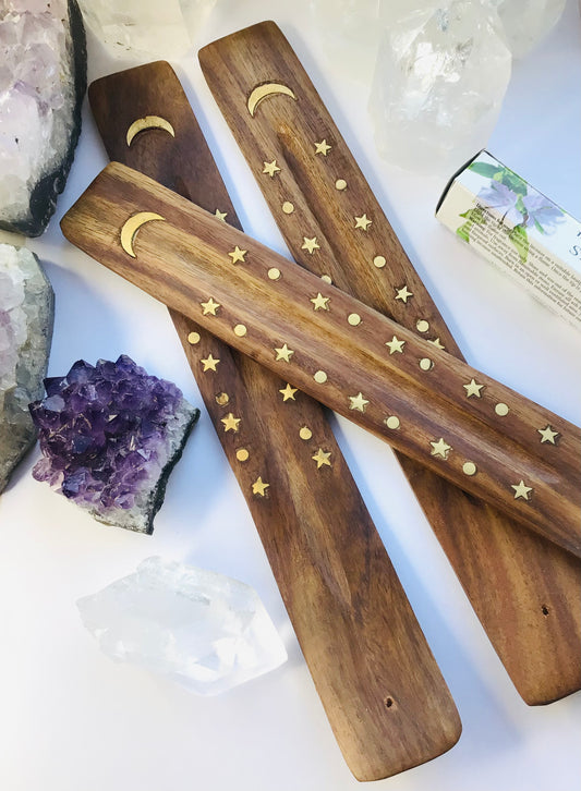 Wooden Incense Holder with Brass Moon and Stars